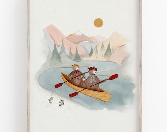 Hand-Painted Bears Canoeing Art Print, Lake Mountain Nursery Decor