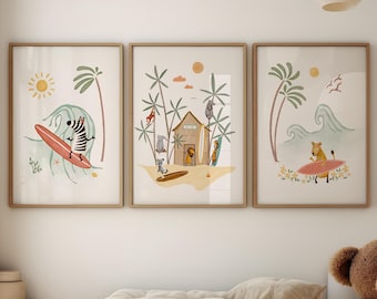 Tropical Surf Nursery Wall Art Set – Surf Theme Nursery, Set of 3 Surf Prints - Surf Nursery Decor