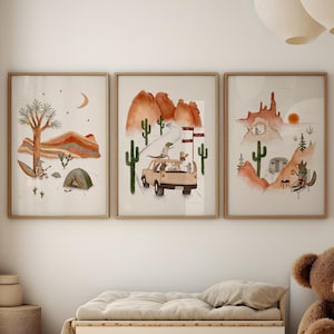 Kunst Wüstentiere - Bilder fürs Kinderzimmer | Südwesten Abenteuer Dekor | Kaktus- und Tierillustrationen | Kinderzimmer Kunst