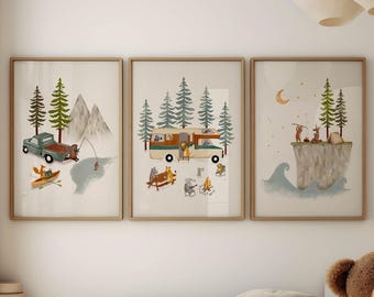 Boy Nursery Art Prints, Woodland Adventure Art Print Set of 3, Camping Theme Room Decor, Nursery Wall Decor, National Parks Nursery Decor