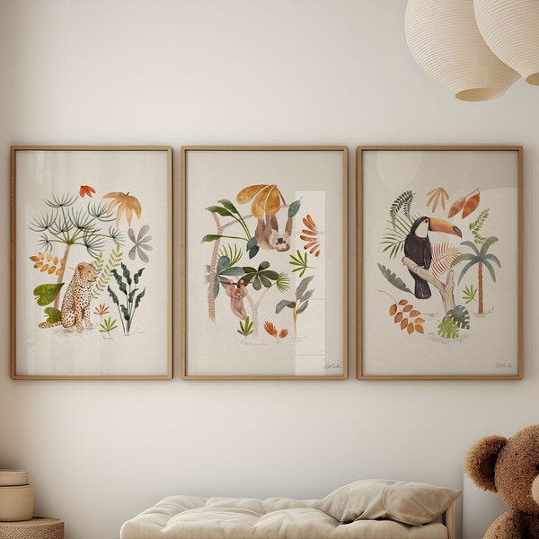 Jungle Animals Nursery Decor, Set of Three Amazon Rainforest Wall Art Prints, Toucan, Sloth and Leopard Art for Kids Room
