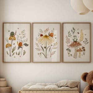 Botanical Insect Art Print Set, 3 Prints Including Mushrooms, Flowers, Insects and a Frog, Whimsical Nursery Decor