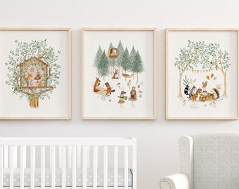 Whimsical Woodland Art Prints, Woodland Animals Nursery Art, Sage Green Nursery Wall Art, Tree Nursery Decor, Nature Wall Art for Baby Boy