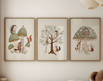 Set of Three Whimsical Art Prints, Woodland Animals Wall Art For Kids, Sage Green Nursery Wall Art, Tree & Mushroom Print Nursery