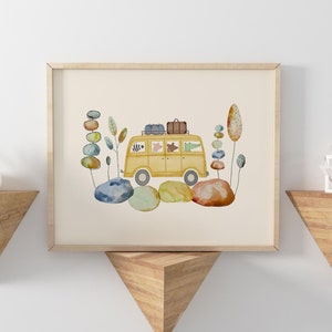 Láminas de arte de furgonetas camper para habitación infantil, arte mural de viajes para habitación infantil, láminas de transporte para sala de juegos, decoración de animales para habitación infantil, pósteres infantiles