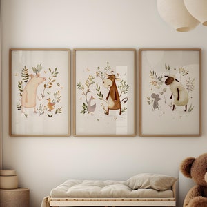 Set of Three Farm Animal Art Prints For Children, Farmhouse Style Nursery Decor, Hand Painted Illustrations, Pig, Sheep and Cow Prints