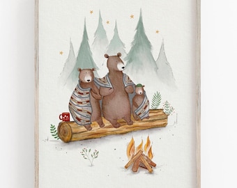 Bear Camping Art Print, Whimsical Forest Print, Bear Family Illustration, Adventure Wall Decor, Camping Room Decor, Bear Campfire Art Print