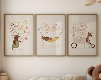 Set di tre stampe d'arte di fiori di campo animali per bambini, decorazioni per la cameretta della natura, illustrazioni di animali dipinte a mano, decorazioni murali di fiori di campo
