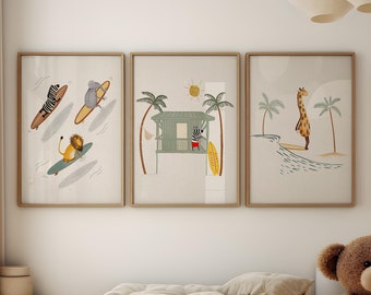 Set of Three Surfing Art Prints For Children, Surf Art Prints, Surfing Nursery Decor, Beach Life Decor, Animal Surfing Illustrations