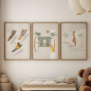 3er Set Surfen Kunstdrucke für Kinder, Surf Kunstdrucke, Surfen Kinderzimmer Dekor, Strand Leben Dekor, Tier Illustrationen