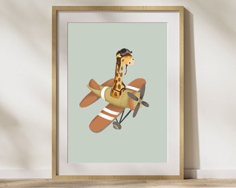 Giraffe Children's Poster, Aeroplane Children's Wall Art, Gift For Baby Boy or Girl, Gender Neutral Nursery Decor, Giraffe Nursery Print