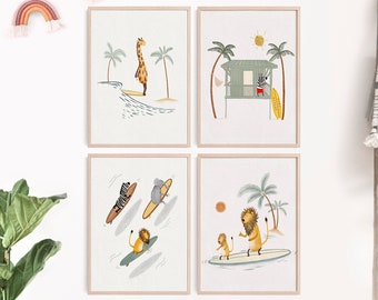 Set of Four Surfing Art Prints For Kids, Beach Wall Decor, Surf Nursery Art, Surfing Wall Decor, Beach Life Room Art, Animal Surfing Prints