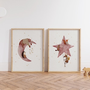 Juego de 2 láminas artísticas infantiles con temática de luna y estrellas, arte mural celestial para niños, pinturas infantiles de animales.