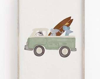 Surfing Campervan Art Print: Watercolor Animals, Kids Room Decor