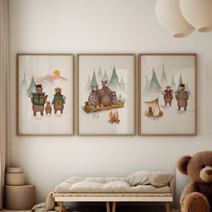 Set of Three Bear Adventure Art Prints, Camping Art Prints For Kids Room, Adventure Nursery Decor, Bear Family Camping Wall Decor