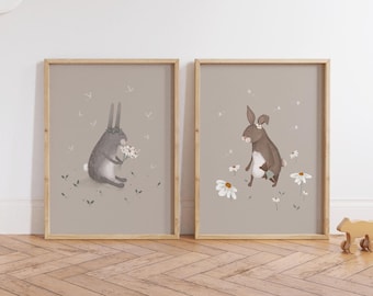 Rabbit Art Prints Set: Watercolor Bunny Nursery Decor, Baby Girl Woodland Nursery Theme