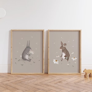 Rabbit Art Prints Set: Watercolor Bunny Nursery Decor, Baby Girl Woodland Nursery Theme