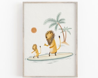 Lion Surfing Art Print, Surf Art Nursery, Beach Decor For Children, Hand Painted Illustration, Surfing Wall Decor