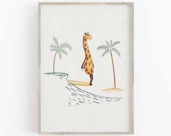 Giraffe Surfing Art Print, Beach Life Wall Decor For Children, Hand Painted Kids Surfing Art, Animal Surfing Wall Art