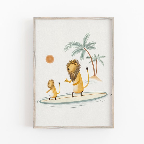 Lion Surfing Art Print, Surf Art Nursery, Beach Decor For Children, Hand Painted Illustration, Surfing Wall Decor