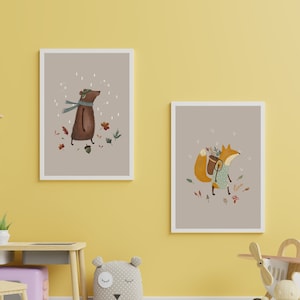 Conjunto de 2 láminas de animales salvajes para niños, impresiones de osos y zorros, ideas para decorar habitaciones infantiles.