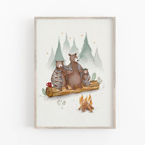 Bear Camping Art Print, Whimsical Forest Print, Bear Family Illustration, Adventure Wall Decor, Camping Room Decor, Bear Campfire Art Print
