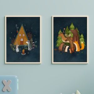 Juego de 2 pósteres infantiles con diseño de cielo nocturno, láminas escandinavas para habitación infantil, decoración de animales del bosque.