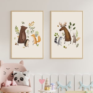 Juego de 2 pósteres infantiles de animales, decoración de bosque para habitación infantil, láminas de arte escandinavo para habitación infantil, arte mural infantil para sala de juegos