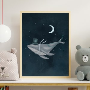 Póster infantil de ballena, lámina de ballena para guardería, lámina infantil de ballena, decoración de cielo nocturno, regalo para niños, decoración náutica infantil