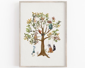 Stampa artistica di alberi stravaganti, stampe di animali del bosco per la cameretta dei bambini, decorazioni stravaganti per la cameretta dei bambini