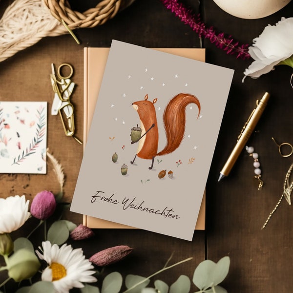 Personalised Christmas Card, Hand Painted Squirrel Christmas Card, Nature Christmas Card, Handwritten Christmas Card, Weihnachtskarte