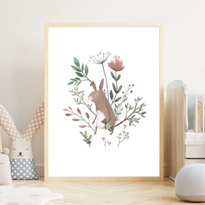 Póster de conejo para habitación infantil, estampado de conejo, arte mural infantil de estilo folk, estampado de conejo para niña.