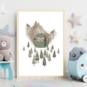 Lámina de esquí para niños, póster de animales, decoración de pared de montaña, lámina de aventura, regalo para habitación infantil.