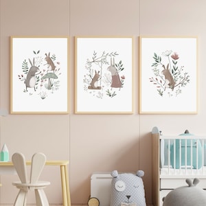 3er Set Kinder Hase Kunstdrucke, wunderliche Kinderzimmer Dekoration, niedliche Hase Kinderzimmer Drucke, Kinder Wald Raum Dekoration