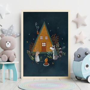 Lámina de arte infantil con temática de bosque, lámina de arte escandinavo infantil, decoración nórdica para guardería, estampado infantil de animales del bosque, regalo para niños, arte infantil con cielo nocturno