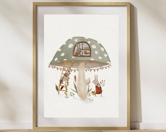 Whimsical Mushroom Art Print, Woodland Wall Art, Sage Green Nursery Decor, Hand Painted Mushroom House Print