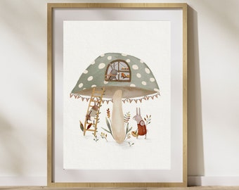 Stampa artistica di funghi stravaganti, decorazione murale del bosco, decorazione per cameretta dei bambini verde salvia, stampa di una casa a forma di fungo dipinta a mano