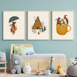 Conjunto de tres láminas de arte escandinavo para niños, regalo para niños, pósteres de animales, arte de pared para habitación infantil, regalo para bebé, decoración escandinava para habitación infantil.