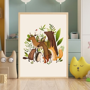 Waldtiere Poster für Kinder, Skandinavische Waldtiere Illustration, Handgezeichnete Illustrationen, Waldtier Drucke, Geschenk für Kinder