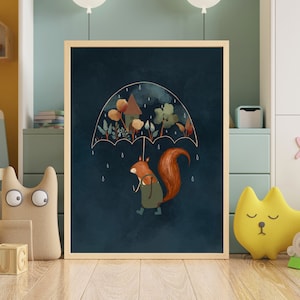 Póster infantil de ardilla, decoración de habitación infantil con animales del bosque, decoración de habitación infantil con cielo nocturno, ideas de decoración para habitaciones infantiles, lámina con ilustración de ardilla