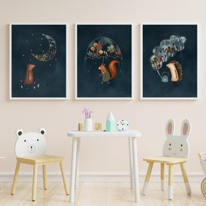 Conjunto de tres láminas de cielo nocturno para guardería, decoración de animales del bosque, pósteres infantiles, ilustraciones de animales para niños, regalo para bebé