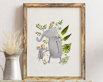 Elephant Nursery Art Print, Baby Elephant Wall Decor, Hand Painted Elephant Nursery Print