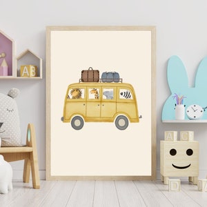Póster de autobús safari, póster infantil de autobús de la jungla, póster para habitación infantil, póster de animales de safari, autobús de animales de la jungla, póster de furgoneta camper.