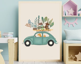Car Wall Art for Kids Bedroom Artwork for Nursery Art with Animals Playing Guitar and Bongos Pictures for Children with Fox Bear and Moose