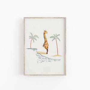 Giraffe Surfing Art Print, Beach Life Wall Decor For Children, Hand Painted Kids Surfing Art, Animal Surfing Wall Art image 1
