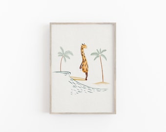 Giraffe Surfing Art Print, Beach Life Wall Decor For Children, Hand Painted Kids Surfing Art, Animal Surfing Wall Art