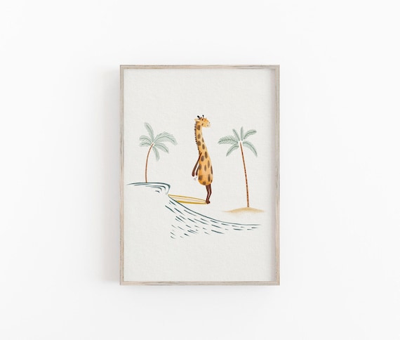 Giraffe Surfing Art Print, Beach Life Wall Decor For Children, Hand Painted Kids Surfing Art, Animal Surfing Wall Art
