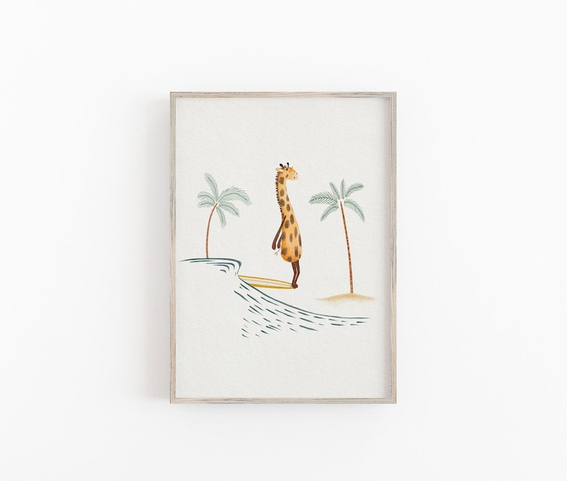 Giraffe Surfing Art Print, Beach Life Wall Decor For Children, Hand Painted Kids Surfing Art, Animal Surfing Wall Art image 1