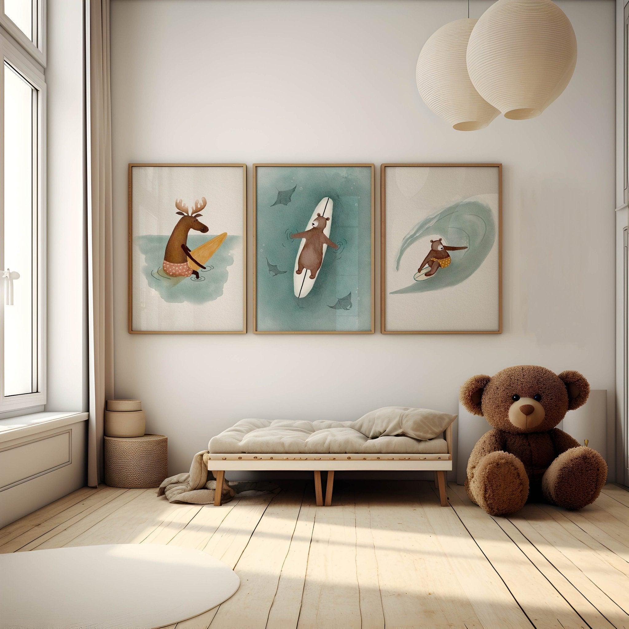 Surfing Animals Kids Wall Art Set, Coastal Woodland Beach Decor - Etsy