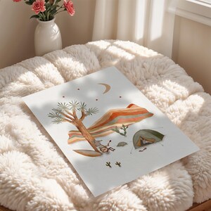 May include: A watercolor illustration of a desert landscape with a Joshua tree, a red and orange striped mountain, a crescent moon, and a small animal sitting on a rock near a green tent.